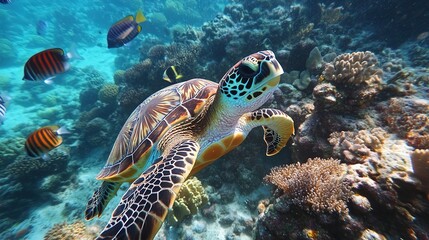 Turtle with group of colorful fish and sea animals with colorful coral underwater in ocean 4k Image 