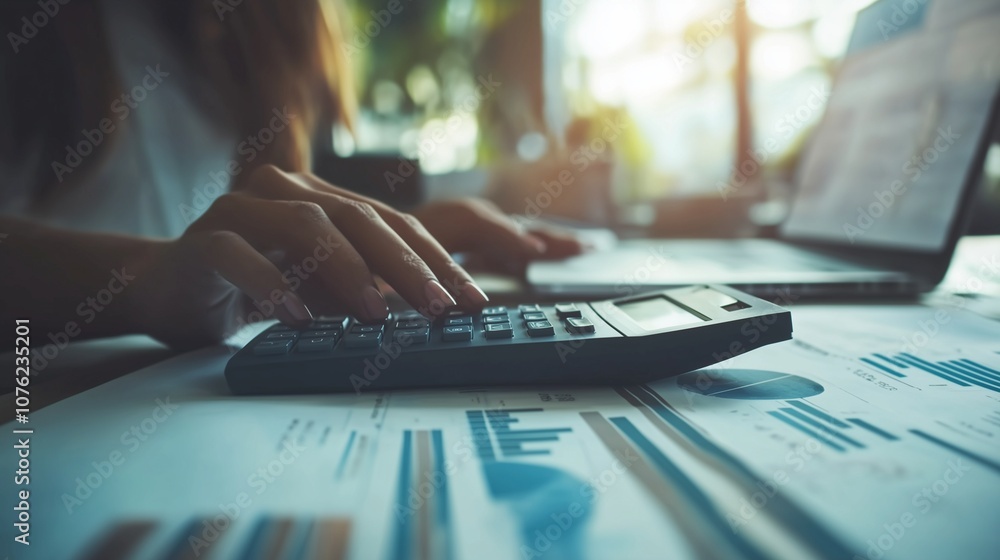 Aufkleber hands using calculator on financial charts, symbolizing data analysis.