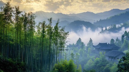 Rural scenery in Taohuajiang Bamboo Sea Scenic Area. One of the most beautiful images in the world, vivid, beautiful, and popular on Artstation,