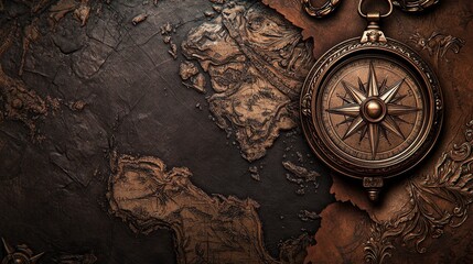 A vintage compass rests on an intricately detailed map, evoking exploration and adventure.