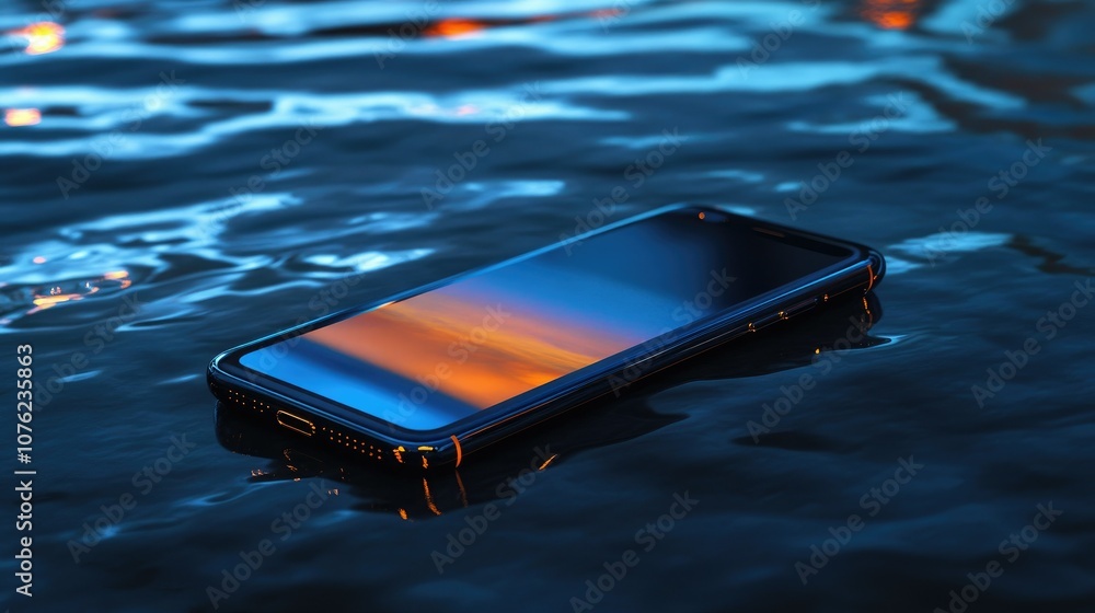 Aufkleber A realistic shot of a Pacific blue phone on a reflective surface with its screen displaying a vibrant digital image, showcasing both design and functionality