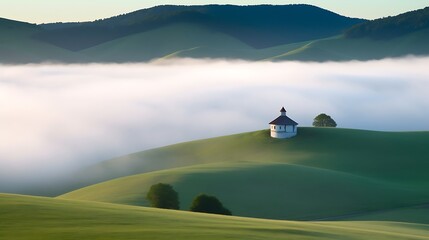 A lone chapel on a rolling green hill surrounded by fog