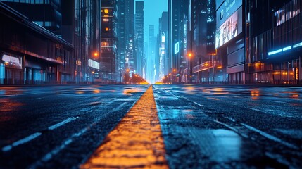 A deserted city asphalt road with skyscrapers at night