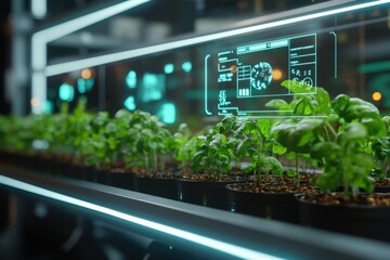 Obraz premium A modern, high-tech indoor garden showcasing lush plants with digital interfaces and monitoring systems.