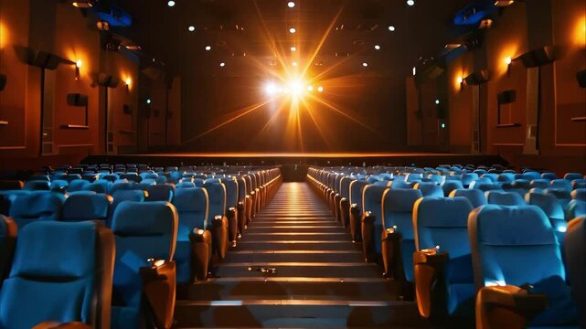 A cinema auditorium with empty blue seats and a bright spotlight illuminating the stage.