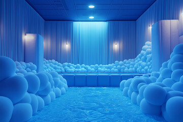 Obraz premium A vibrant blue room in a trampoline park, featuring oversized fluffy pillows, designed to create a cozy and fun area for children to unwind after jumping