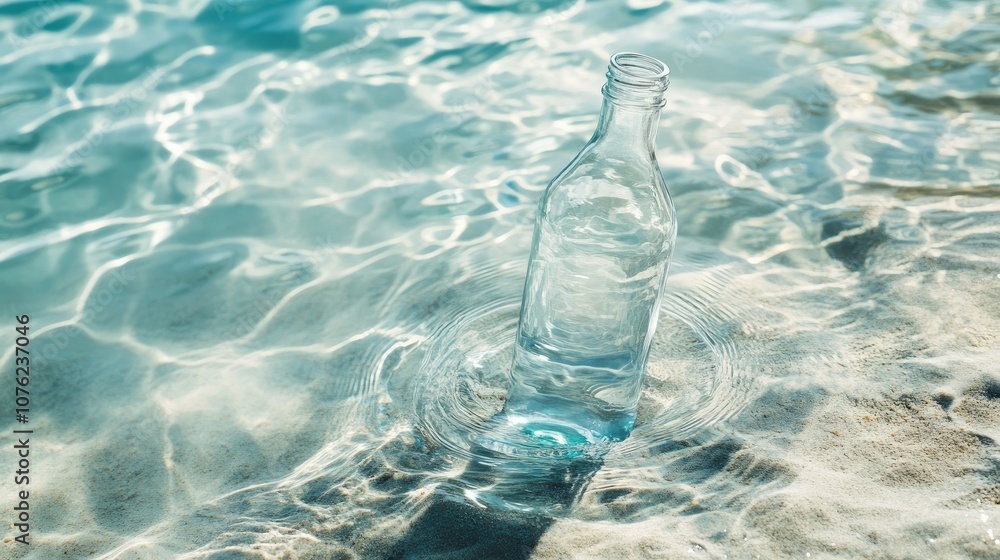 Aufkleber A translucent bottle gently submerged in clear water with soft ripples surrounding it, creating a serene and refreshing effect