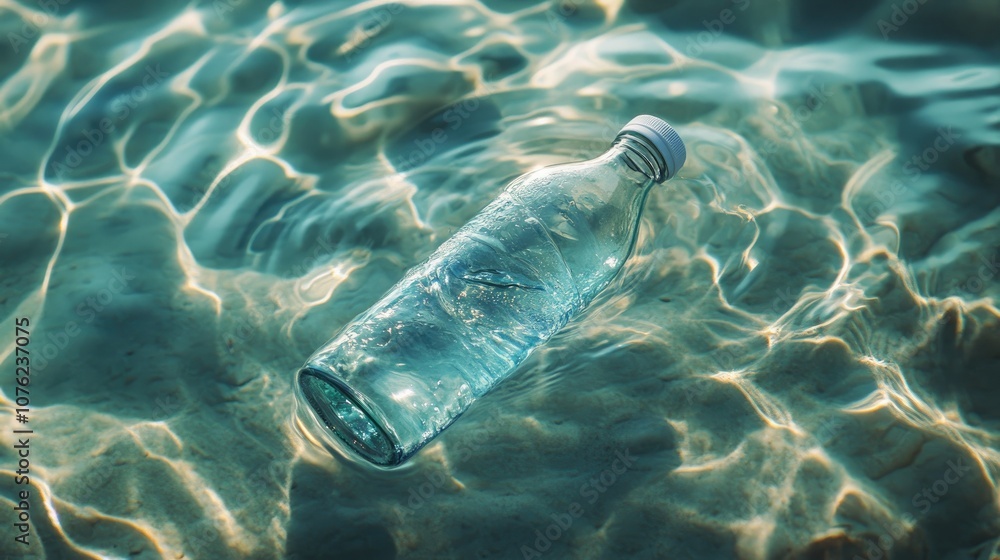 Aufkleber A translucent bottle gently submerged in clear water with soft ripples surrounding it, creating a serene and refreshing effect