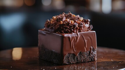 A tempting ice cream box topped with thick chocolate ganache and crunchy chocolate bits, set on a vintage table to add to the decadent feel