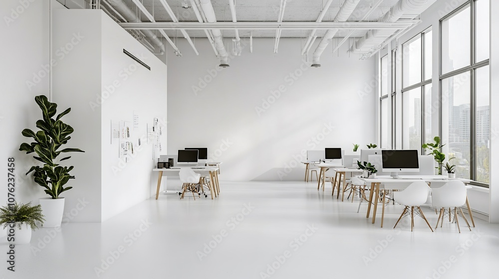 Aufkleber minimalist tech startup office with clean white color and computer on the desk