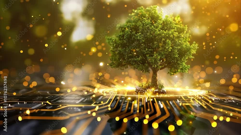 Poster a tree is set against a backdrop of glowing circuitry and golden particles, symbolizing the fusion o