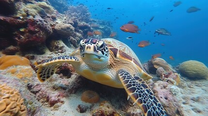 Turtle with group of colorful fish and sea animals with colorful coral underwater in ocean 4k Image 
