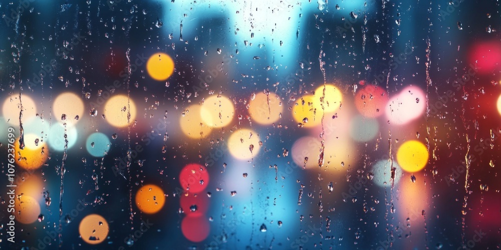 Poster a beautiful rainy day view through a window. colorful bokeh lights create a dreamy atmosphere. the i