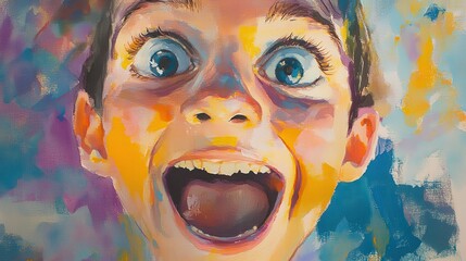 Close-up of an excited teen with wide eyes and a joyful grin, soft watercolor brushstrokes adding playfulness