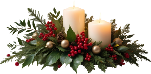 Christmas object scene creator mockup featuring festive elements like candles, pine branches, and red ornaments in PNG format. Perfect for seasonal decor compositions and isolated mockup scenes