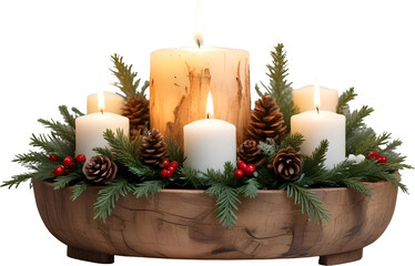 Christmas object scene creator mockup featuring elegant candle centerpieces with seasonal greenery, pine cones, berries, and festive ornaments