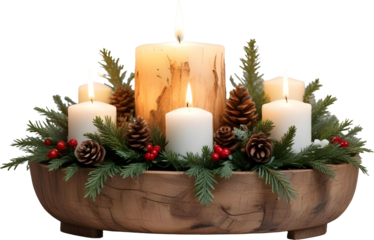 Christmas object scene creator mockup featuring elegant candle centerpieces with seasonal greenery, pine cones, berries, and festive ornaments