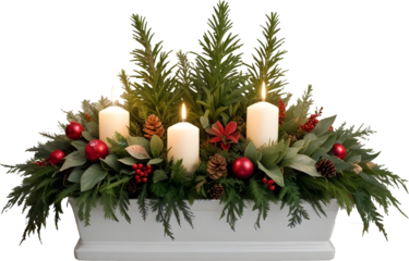 Christmas object scene creator mockup featuring festive elements like candles, pine branches, and red ornaments in PNG format. Perfect for seasonal decor compositions and isolated mockup scenes