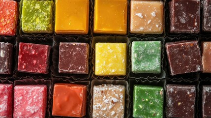 Fototapeta premium Colorful Variety of Candy Squares in a Box