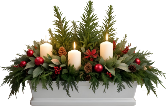 Christmas object scene creator mockup featuring festive elements like candles, pine branches, and red ornaments in PNG format. Perfect for seasonal decor compositions and isolated mockup scenes