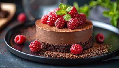 Chocolate Mousse Cake Topped with Raspberries and Mint