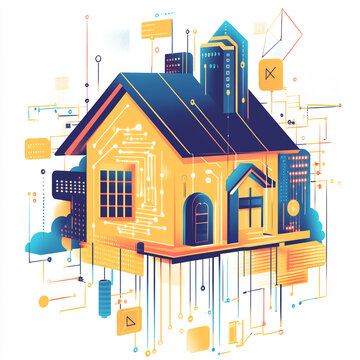 project of a private house on a white background in vector style, 2D house built from current data streams and binary code, with precise geometric graphs and diagrams