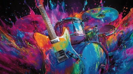 Electric guitars and drums covered in energetic, rainbow-colored paint splashes, capturing the vibrant spirit of music and expression