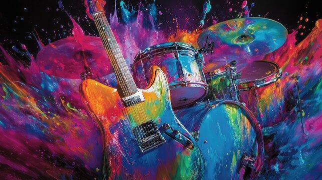 Electric guitars and drums covered in energetic, rainbow-colored paint splashes, capturing the vibrant spirit of music and expression