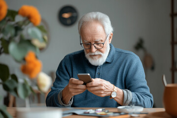 A retiree using a smartphone to organize travel plans, surrounded by a contemporary, tech-friendly environment.