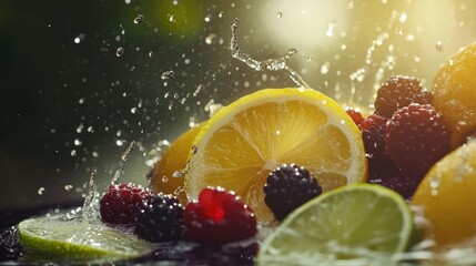 Fresh slices of lemon, lime, and berries with water droplets splashing dramatically, creating a refreshing, vibrant scene.
