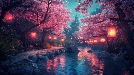 Fototapeta premium Stony path through the sakura forest, lanterns hanging from trees, glowing water in the river, cartoon style, fantasy background, night sky, colorful, beautiful.