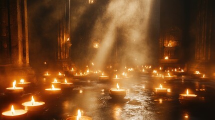 Multiple candles burning slowly, their soft glow illuminating the surrounding space on a dark, moody background