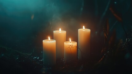 Multiple candles burning slowly, their soft glow illuminating the surrounding space on a dark, moody background
