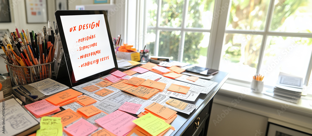 Aufkleber ux design workspace with colorful sticky notes and sketches, showcasing creativity