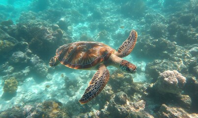 Naklejka premium Turtle swimming among coral , Generative AI