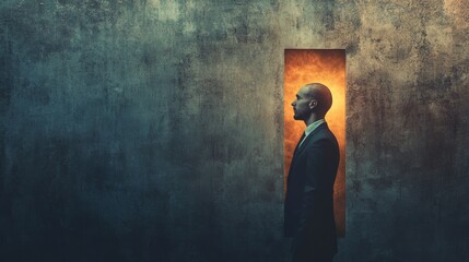 A businessman trapped inside his own head, feeling restricted and unable to think freely. This represents a lack of creativity and the struggles of being stuck in a rigid mindset.