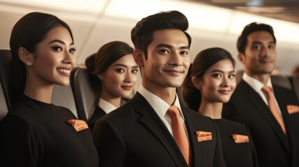 A cabin crew team standing together before boarding a flight, symbolizing teamwork and camaraderie within the airline industry