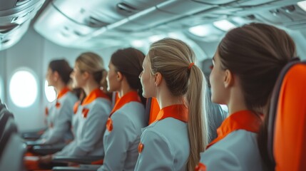 A cabin crew training session with air hostesses learning about emergency safety procedures, highlighting the importance of preparation in the airline industry