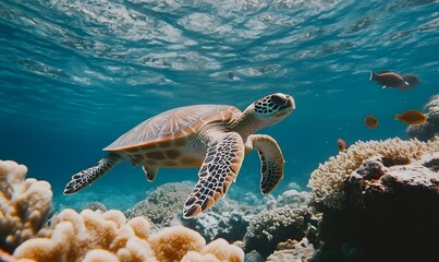 Obraz premium Turtle swimming among coral , Generative AI
