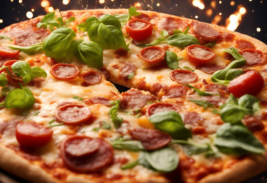 and horizontal fresh veggies leaves salami advertising air exploding salad pizza banner creative food concept alian