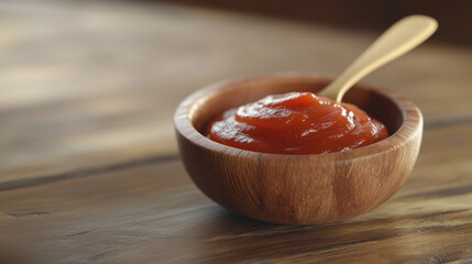 Mouthwatering tomato ketchup in a wooden bowl with a spoon. Perfect for adding a zesty touch to your meals.