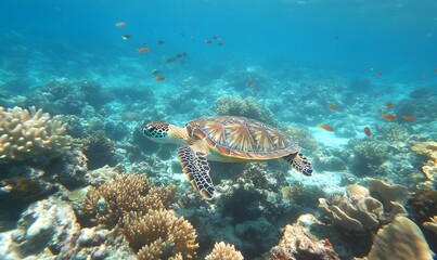 Turtle swimming among coral , Generative AI