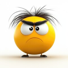 Obraz premium A vibrant yellow emoticon showcases an intense expression with furrowed brows and messy hair, embodying frustration and defiance, creating a whimsical yet relatable portrayal of emotion