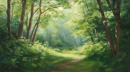 a lush forest background painting, rich with greenery and dappled sunlight filtering through the trees, creating a peaceful and inviting natural scene