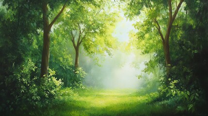 Obraz premium a lush forest background painting, rich with greenery and dappled sunlight filtering through the trees, creating a peaceful and inviting natural scene