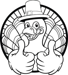 Naklejka premium A turkey pilgrim hat Thanksgiving cartoon bird Christmas mascot giving a thumbs up