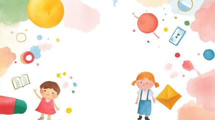 a playful watercolor background featuring children and educational elements, perfect for school-related projects or educational materials