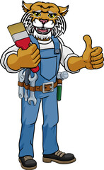 A wildcat painter decorator cartoon animal mascot holding a paintbrush and giving a thumbs up