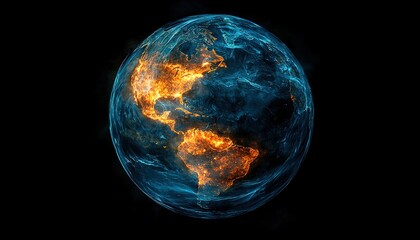 A vibrant depiction of Earth glowing with energy, highlighting continents illuminated against a dark background, symbolizing planet vitality and cosmic connection.