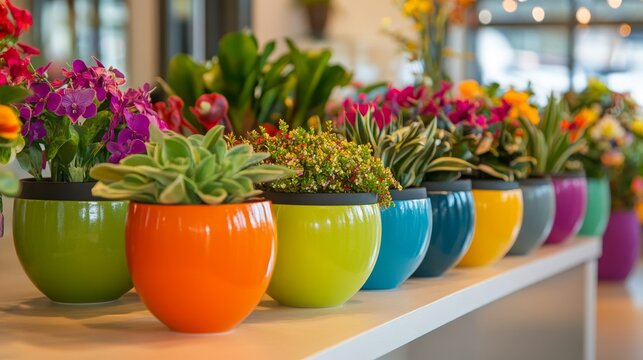 a vibrant display of colorful pots, showcasing an array of plants and flowers, perfect for adding a touch of nature and color to any design project
